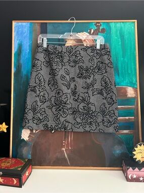 Joe Fresh Black Grey Floral Herringbone Mini Skirt Wool Blend Preppy